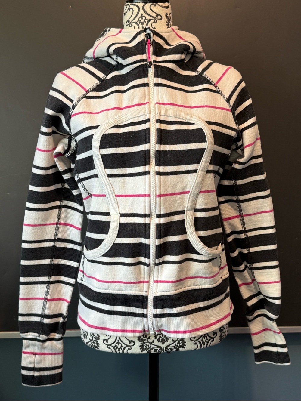 lululemon athletica Striped Scuba Hooded Zip Jacket in Black, White & Pink